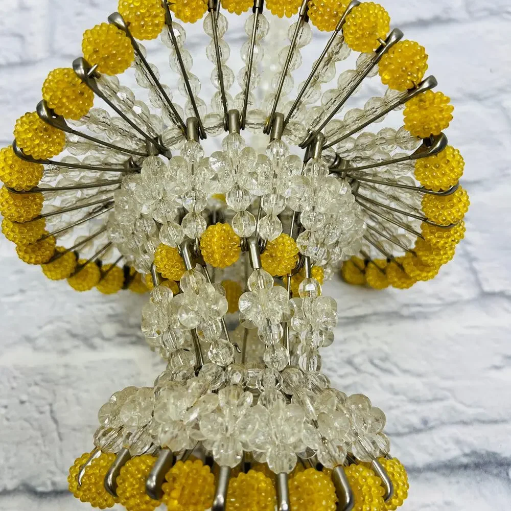 Vintage Handmade Beaded Safety Pin Basket Mid Century Yellow Silver 12